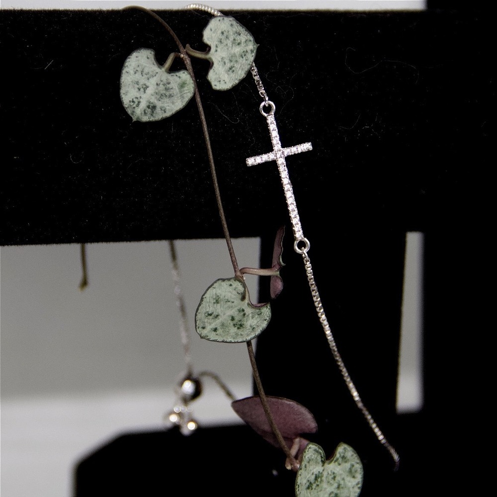 Sterling Silver 925 CZ Sideways Cross Adjustable Bolo Box Chain Bracelet